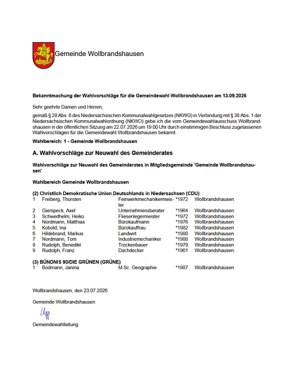 Auflistung der Kandidaten für die Gemeindewahl am 13.09.2026&nbsp;&copy;&nbsp;Gemeinde Wollbrandshausen