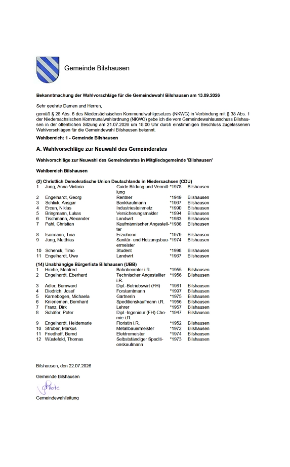 Bekanntmachung Wahlvorschläge Gemeindewahl Bilshausen&nbsp;&copy;&nbsp;Gemeinde Bilshausen