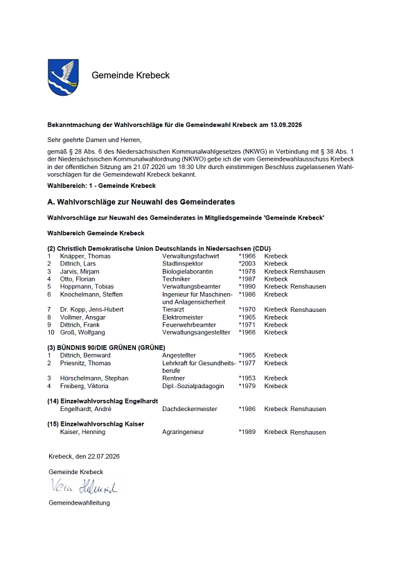 BKM Wahlvorschläge Gemeindewahl Krebeck&nbsp;&copy;&nbsp;Gemeinde Krebeck