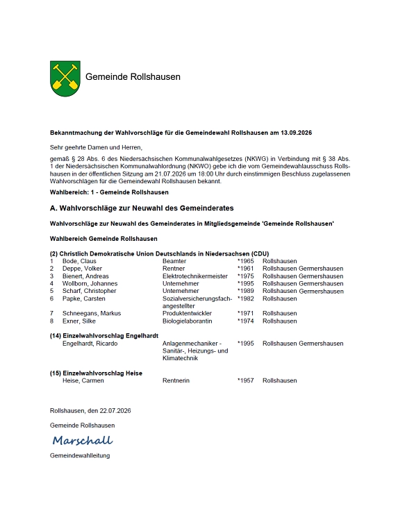 Bekanntmachung Kandidaten GEmeindewahl Rollshausen&nbsp;&copy;&nbsp;Gemeinde Rollshausen
