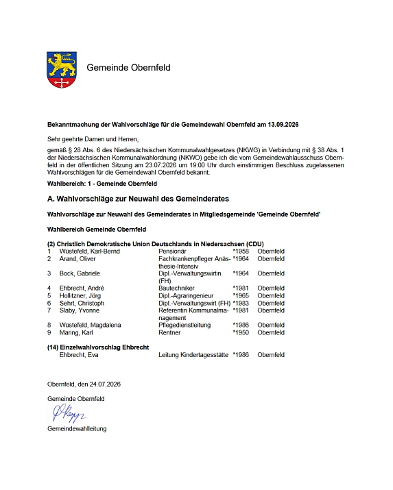 BKM Wahlvorschlag Zulassung Obernfeld&nbsp;&copy;&nbsp;Gemeinde Obernfeld