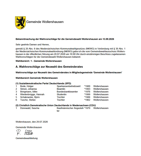 BKM zugelassene Wahlvorschläge Wollershausen&nbsp;&copy;&nbsp;Gemeinde Wollershausen