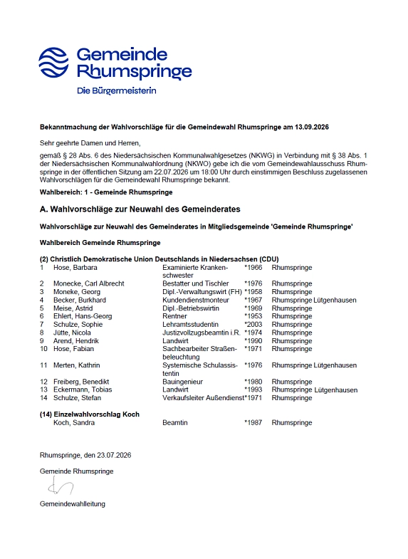 Zulassungsliste der Kandidaten für die Kommunalwahl 2026 in Rhumspringe&nbsp;&copy;&nbsp;Gemeinde Rhumspringe