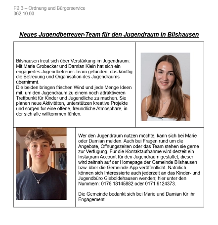 Die beiden neuen Jugendbetreuer für den Jugendraum Bilshausen stellen sich vor. Marie Grobecker und Damian Klein werden in Zukunft neuen Wind in das Team bringen und neue Ideen umsetzen.&nbsp;&copy;&nbsp;Samtgemeinde Gieboldehausen